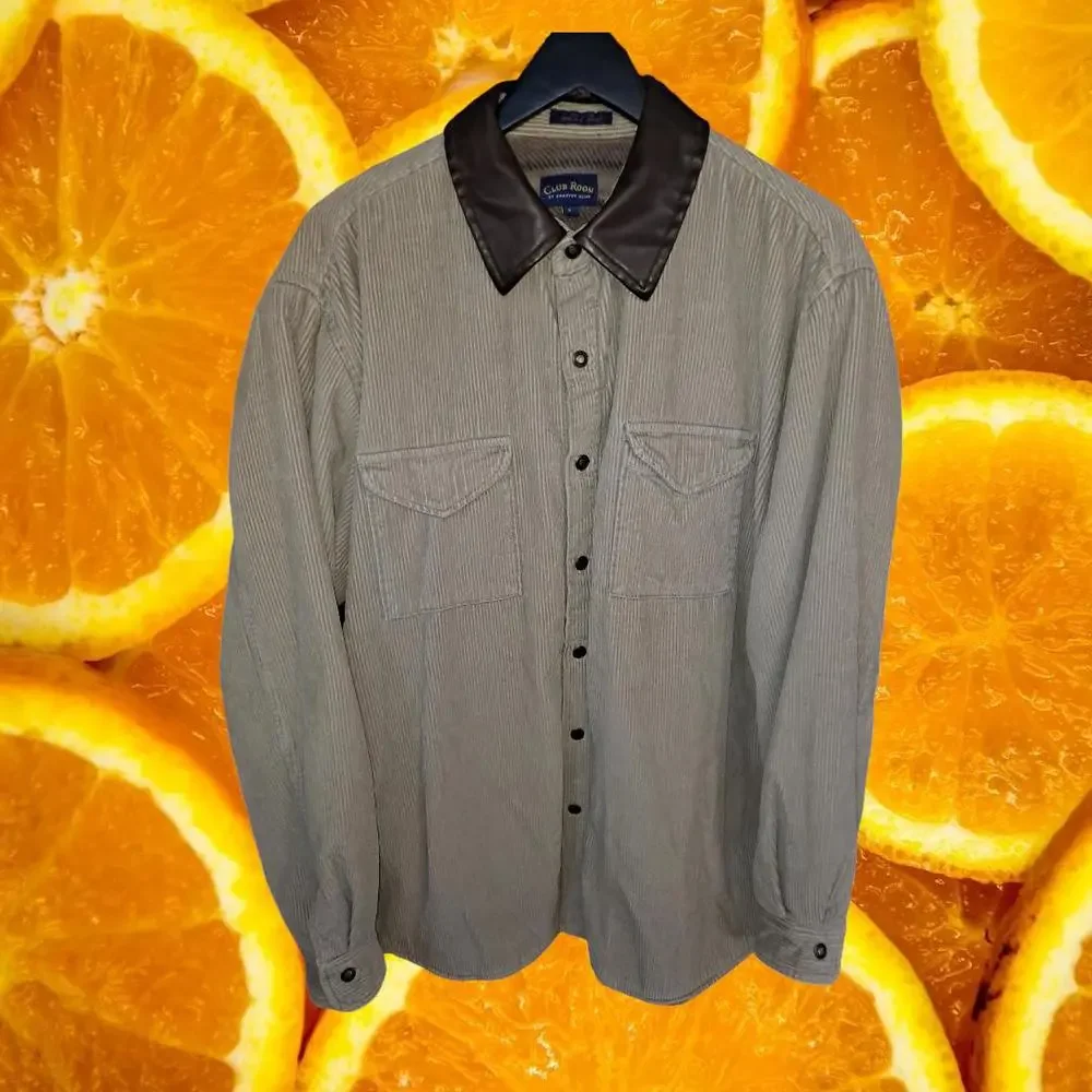 Charter Club Tan Corduroy Flannel Lined Button Up Faux Leather Collar Size L